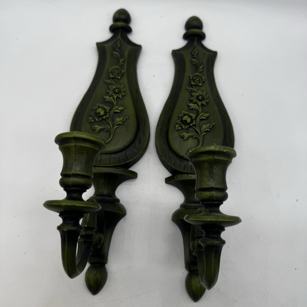 MCM Syroco Candle Holders Wall Mount Sconce 60s Avocado Floral Vtg Taper USA